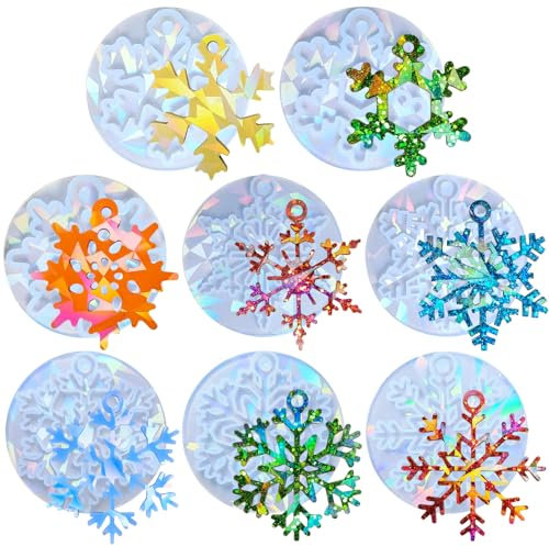 MJARTORIA Weihnachten Resin Silikonform Epoxidharz Formen Silikon Holografisch Effekt DIY Gießform Harz Silikonformen für Schneeflocken Weihnachtsbaum Deko Geschenk Anhänger(Weiss 8PCS)
