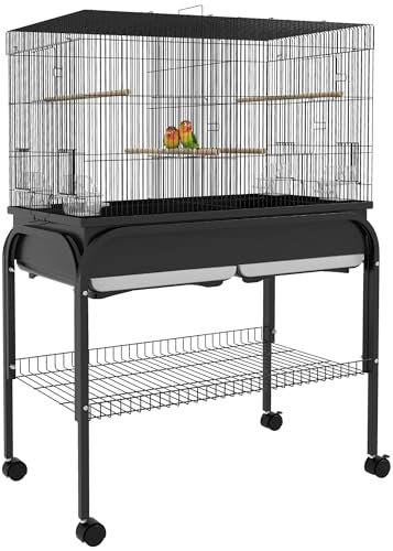 PawHut Großer Vogelkäfig, Käfig für Papageien, Vogelvoliere innen und außen, mit Halterung, Rollen für Kakadus, Kanarienvögel, Papagei, Stahl, 85 x 49 x 119 cm, Schwarz