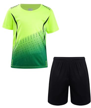Freebily Kids Boys Short Sleeve Dry Fit T-Shirts with Shorts Set Football Jersey Basketball Training Sports Uniform Tracksuit Fluorescent Green 13-14 Years