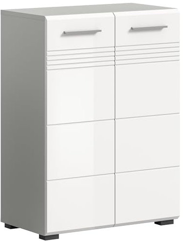 xonox.home Badezimmer Copa Midischrank Badezimmerschrank Badschrank Kommode Schrank in Front weiß Hochglanz Tiefzieh Korpus hellgrau Nb., ca. 60x80x30cm