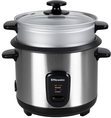 EMtronics EMRCCSTSS1 Rice Cooker 1 Litre with Automatic Cooking, Steamer Tray and Warmer Function with Removable Non-Stick Bowl, Measuring Cup and Spatula 400W - Stainless Steel