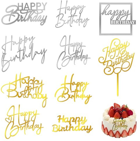 10 Stück Cake Topper Geburtstag Acryl Happy Birthday Tortendeko Gold Silber Wiederverwendbar Tortendeko Kuchen Topper Kuchendekoration für Babyparty Hochzeit Geburtstag Dekoration