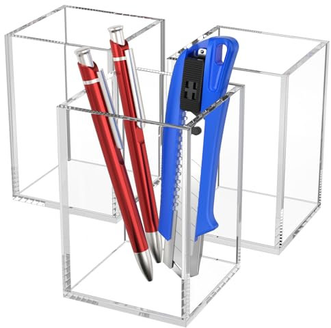 AITEE Klarer Acryl Stifthalter: 3 Stück Bleistifthalter Schreibtisch Organizer Quadrat Stifttopf Make-Up Pinselhalter für Büro, Schule, Haushaltsbedarf (7,6 x 7,6 x 10,9 cm)