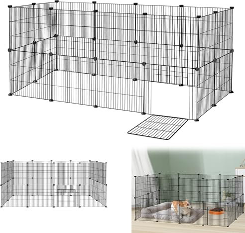 Suusolny Freigehege Kaninchen Gittergehege Haustier Laufstall Metallgitter Gehege Welpengehege Kleintierkäfig Meerschweinchen Käfig für Innen und Aussen (Schwarz, 24pcs mit Türen 142x72x72cm)