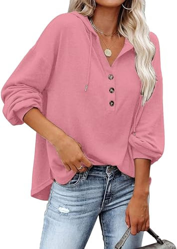 VIGVAN Kapuzenpullover Damen Hoodie Langarm V-Ausschnitt Pullover Knopfleiste Henley Sweatshirt mit Kapuze Kordelzug Oberteil (Dunkelrosa,M)