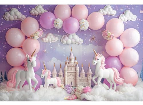 Ttincceer 1,5x1m Unicornio cumpleaños telón de Fondo Castillo Rosa púrpura Globo niña bebé Ducha fotografía Fondo Blanco algodón Nube Flor recién Nacido Fiesta de cumpleaños Decoraciones Banner