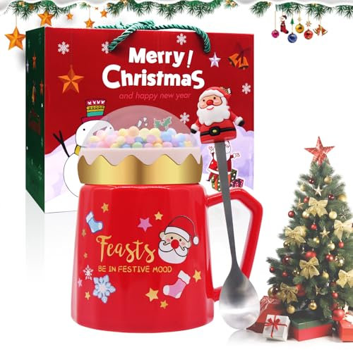 Horuili® Tazas de Cerámica de Navidad, Juego de Tazas de Navidad con Tapa y Cuchara, Taza de Café de Navidad, Bonita Taza de Navidad, Regalo para Padres, Amigos y Navidad, 420ml (rojo)