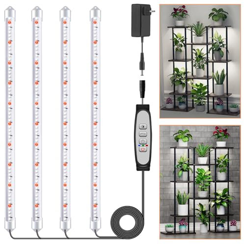 1Paquetes 4 Barras de Luz para Cultivo de Plantas, Lámpara de Luz Solar de Espectro Completo con Temporizador 6/12/18H, 5 Niveles Regulables para Suculentas, Estante para Plantas, Bajo Armario