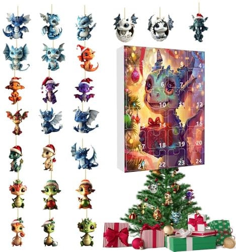 Syayw Adventskalender 2024 Weihnachtsdrache, Adventskalender 2024 für Weihnachten, Dinosaurier-Anhänger Acryl 2024, Countdown-Kalender, Weihnachtskalender, inkl