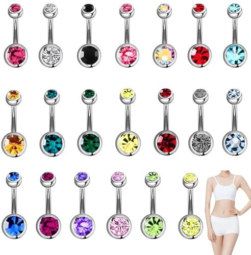 Aucuu 20 Stück Bauchnabelpiercing, 14G Hypoallergener Edelstahl Bauchschmuck, Gebogen Barbell Mit Zwei Edelsteinen, Chirurgenstahl 1,6mmx12mm
