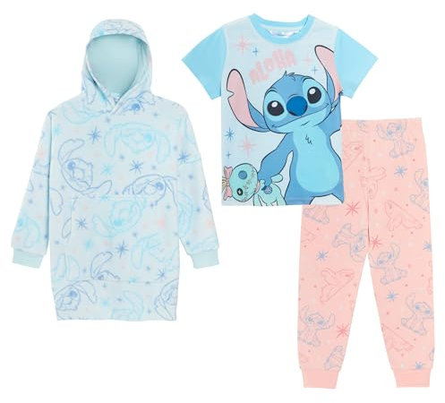 Girls Lilo & Stitch 3 Piece Pyjamas + Oversized Hoodie Set 9-10 Years