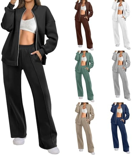 AnnSemo 2 piece outfits women tracksuit sets plain full zip sweatshirt long sleeve tops stretch waist jogging bottoms casual loose sweatpants women's activewear jogging suit loungewear set