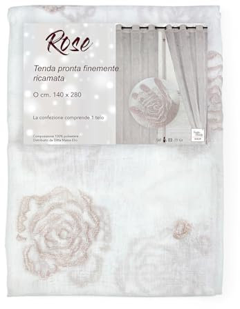 Tenda Rose Ricamata con Anelli - 140x280 cm Elegante con Rose in Rilievo - Tessuto Leggero e Decorativo