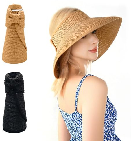 Leikedun 2Pcs Straw Hats Foldable Sun Visors for Women, Sun Hats with Wide Brim Ponytail Summer Beach Hat Black, Khaki