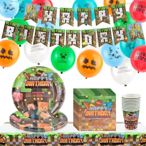 Decorazioni Compleanno Pixel Party Set, Bambini Festa di compleanno Stoviglie Set, Include Piatti Tazze Tovaglioli Palloncini Striscioni