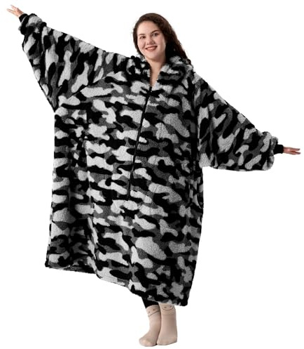 Winthome Hoodie Decke Oversize (für 90-150KG), Deckemit Ärmeln und Kapuze, Taschen, Riesen Hoodie Lockere Bequeme, für Damen Herren, Weinachtsgeschenke, Heizkosten Sparen