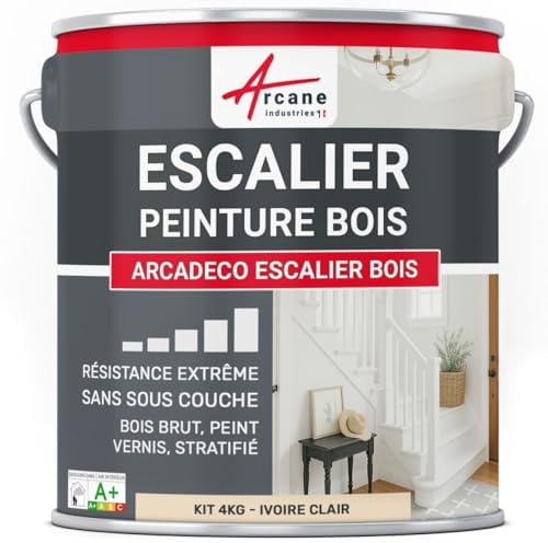 Peinture Escalier Bois Antidérapante Lessivable 4 kg Ivoire Clair | Peinture Escalier Bois, Finition Velours, Adhère au Bois, Antidérapante, Lessivable, Séchage Rapide - Arcane Industries