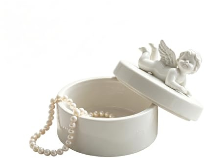 TOVINANNA Boîte à Bijoux Ange en Porcelaine Blanche, Organisateur de Bijoux Compact 10cm pour Bague Collier & Boucle d'Oreille, Décoration de Table de Chevet Élégante, Cadeau pour Femme Fille & Maman