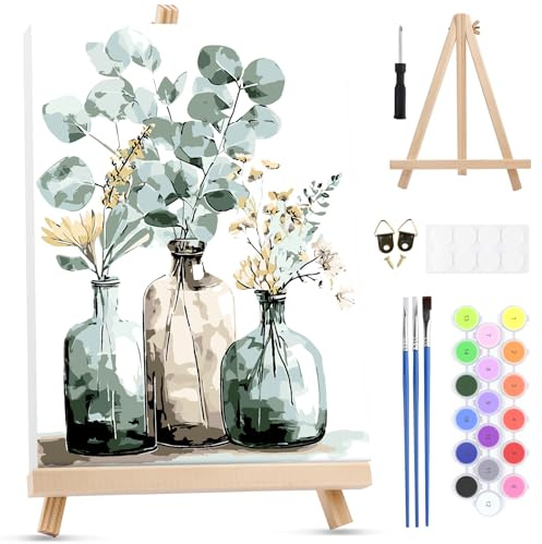 MXJSUA Eucalyptus Et Fleurs Sauvages Peinture Numero Enfant Adulte avec Cadre, Numéro d'art avec Pinceaux, Loisirs Créatifs Adultes, Activité Manuelle Adulte, 20x30cm