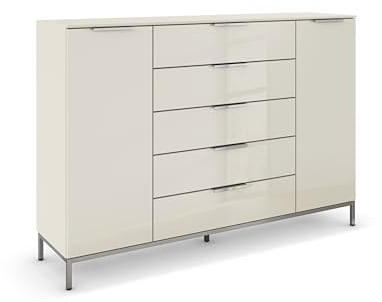 Rauch Möbel Flipp, Kommode, Farbe Glas Beige, Breite 160 cm | Sideboard, 2-türig, 5 Schubladen, Glasfront, Soft-Close, Griffe, Metallkufe Chrom, für Schlafzimmer, Gästezimmer, Wohnzimmer