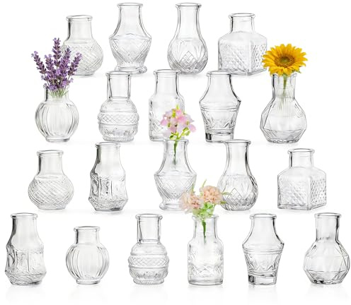 SGZIOO 20 Stück Kleine Vasen für Tischdeko, Kleine Glasvasen 7-8 cm Hoch, Vintage Blumenvasen Klein, Mini Vasen Set für Tisch Deko, Hochzeit, Geburtstag, Party, Wohnzimmer, Unterschiedliches Aussehen
