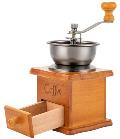 Manuelle Kaffeemühle Retro Braun, Handkurbel Kaffeebohnenmühle aus Holz, Vintage Handmühle mit Keramik-Mahlwerk, einstellbarer Mahlgrad, tragbar für Zuhause Büro Reise & frischen Kaffee