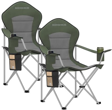 SONGMICS Campingstuhl 2er Set, klappbar, Klappstuhl, breiter Sitz, hohe Rückenlehne, Outdoor-Stuhl, tragbar, Outdoor-Stuhl, Getränkehalter, Handyhalter, Stoff-Organizer, grün-grau GCB005CD01-2J