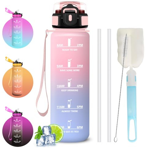 Gourde Sport 1 litre, Gourdes avec Paille, Verrou de Sécurité, Gourde Graduée pour 1 Journee, avec Marqueur de Temps, Brosses pour Paille et Bouteille, Bouteille Motivation pour Randonnée, Bureau
