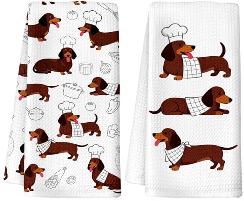 Clyrax 2Pcs Sausage Dog Tea Towels, Dachshund Master Chef Microfibre Kitchen Hand Towels, Dog Owner Gifts for Women, Absorbent Fast Drying Decorative Towel for Kitchen, 40x60cm