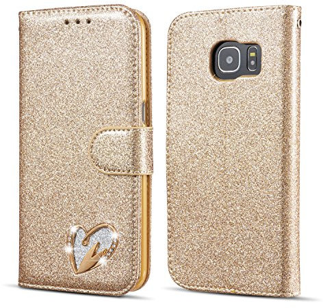 QLTYPRI Samsung Galaxy S9 Plus Hülle, Glitzer Handyhülle PU Ledertasche TPU Etui Handschlaufe Kartenfach mit Eingelegten Liebe Herz Diamond Flip Schutzhülle für Samsung Galaxy S9 Plus - Gold
