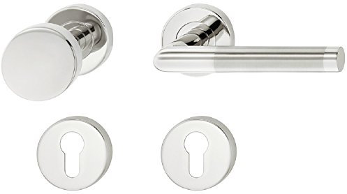JUVA Türbeschlag Zimmertür Drücker-Garnitur Türgriff Eingangstür auf Rosette - LDH 2171 Bicolor | Wechselgarnitur DIN RECHTS | Edelstahl matt - Chrom poliert | 1 Set - Türdrücker-Garnitur mit Knopf