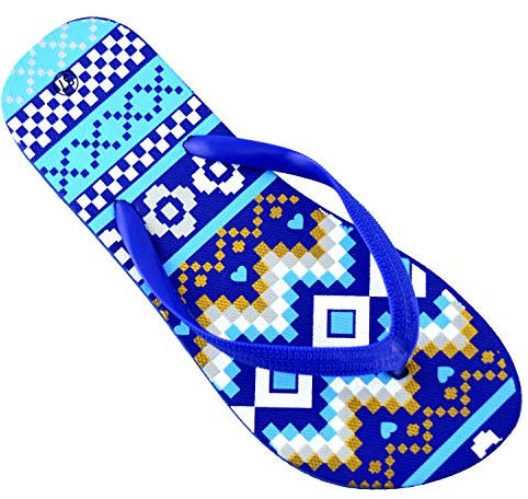 Octave® Ladies Summer Beach Wear Flip Flops Collection - Aztec Waves Design [Size UK 6 / EURO 39, Colour Blue Aztec Waves Design]