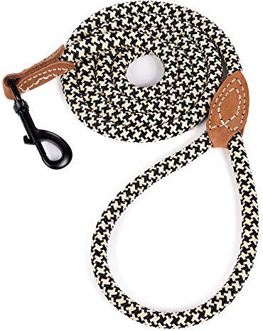 Mile High Life Rope Leash with Genuine Leather Connection, 6 FT/5 FT/4 FT, Heavy Duty Leash for Medium & Large Dogs(Black Khaki,48 Inch-1/2)