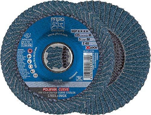 PFERD Fächerscheibe POLIFAN CURVE, 10 Stück, 125mmx14mm, Z40, X-LOCK (22,23 mm), SGP STEELOX, 67689063 - für die präzise Kehlnahtbearbeitung