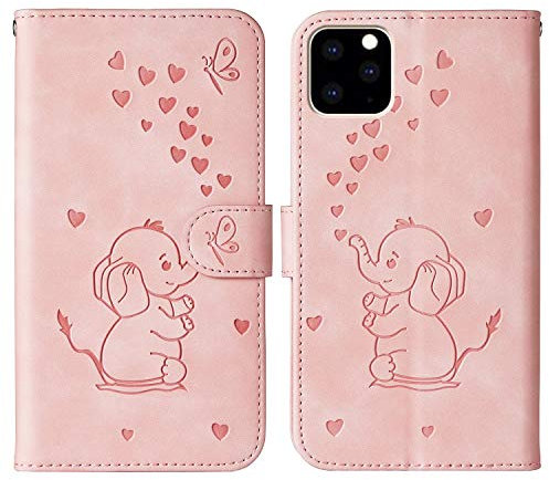 Tiyoo Phone case for iphone 11 pro max Embossed Love Heart Elephant Butterfly Pattern Folding Stand PU Leather Wallet Flip Cover Protective Case with Card Slots, Magnetic Closure (Pink)