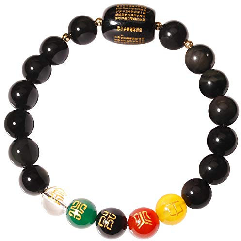Jewboo Feng Shui Amulett-Armband, schwarzer Obsidian, 5 Elemente, 10 mm, für Reichtum und Glück, Unisex