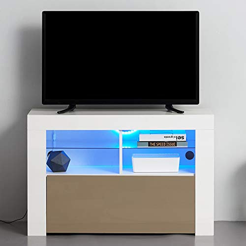 Panana Modern TV Stand Unit Cabinet with LED Lights High Gloss Door TV Entertainment Cabinet with Storage Drawer and Shelves for Living Room White (White&Grey)