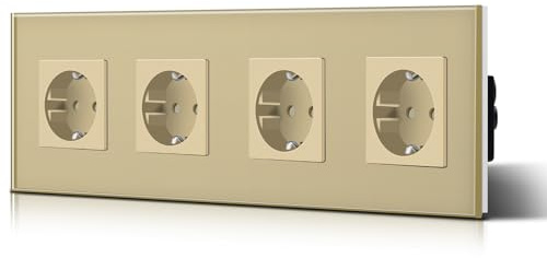 BSEED Schuko Steckdose Kristallglas Platte 4 Fach Steckdose 16Amp AC Power 240V Verlängerungssteckdosen 299mm Wandsteckdose Gold