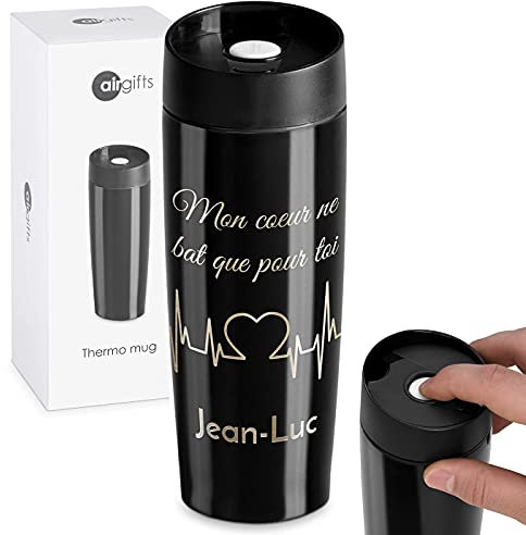 Maverton Thermo Mug Noir pour lui - Thermos Café-Thé - Mug isotherme de 35 cl - Fermeture à Pression - En acier inoxydable - Cadeau d’anniversaire pour chaque homme - Amour