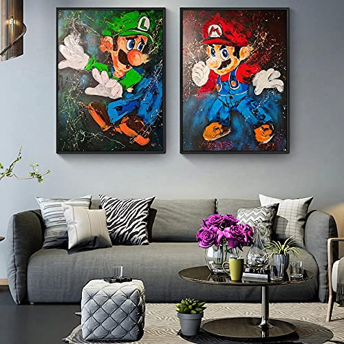 Mario Graffiti Art Leinwand Gemälde an der Wand Kunst Poster und Drucke Moderne Street Art Bilder Dekoration-35x50cmx2-Kein Rahmen