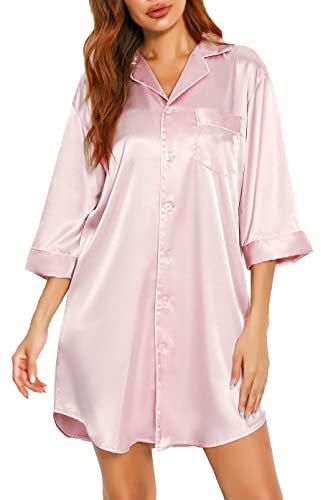 Vlazom Chemise de Nuit Femme Satin Nuisette à 3/4 Manches Boutonnée Devant Col V Robe de Nuit，Rose，M