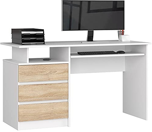 AKORD PC-Schreibtisch CLP 135 mit Tastaturablage | Office Desk | Computertisch | Bürotisch | 3 Schubladen, 1 Ablagefach, B135 x H77 x T60 cm, 45 kg | Weiß & Sonoma-Eiche Front