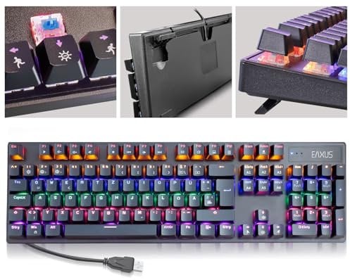 Eaxus® Mechanische Gaming Tastatur - LED Gaming Keyboard mit Makrotasten & Blue Switches, USB 1000 Hz Pollingrate, QWERTZ, Schwarz