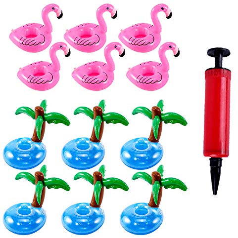 12 Piezas Portavasos Inflables Soporte Hinchable para Bebidas PVC Posavasos Hinchables Flamenco Posavasos de Flotador con Bomba de Aire Juego de Portavasos Inflable Cocotero Posavasos Piscina Fiesta