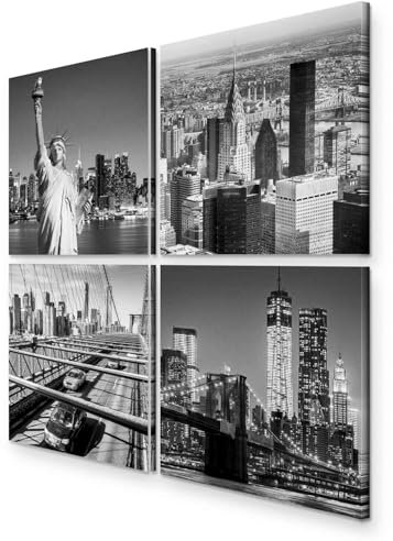B&D XXL - Wandbilder Set New York 80x80 cm 4 Teilig je 40x40 Vlies Leinwandbild Kunstdruck modern Wandbilder XXL Wanddekoration Design Wand Bild mehrteilig - City Stadt NYC skyline grau