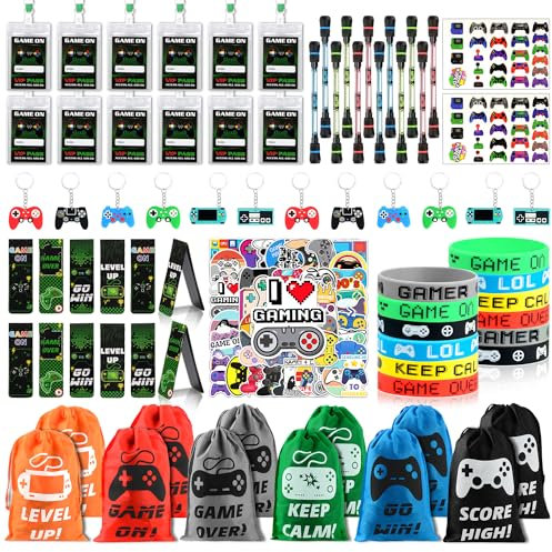 Gadget Compleanno Bambini Videogiochi, 124 Pezzi Giochi Regalo Festa Compleanno Bracciale Silicone, Porta Badge Collo e Portachiavi, Videogiochi Forniture per Feste di Compleanno per Bambini Ragazzo