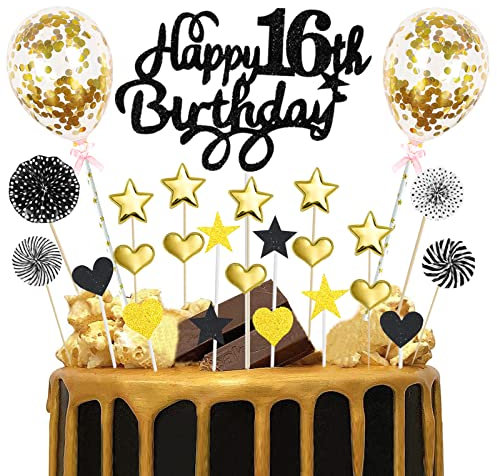 Happy Birthday Cake Topper 16th, 25pcs Black Gold Glitter Happy 16th Birthday Cake Topper with Star Heart Paper Fan Balloon, Birthday Cupcake Topper for Boys Sixteen Anniversary Birthday Party Decor
