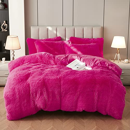 Uhamho Faux Fur Velvet Fluffy Bedding Duvet Cover Set Down Comforter Quilt Cover with Pillow Shams, Ultra Soft Warm (King, Hot Pink)
