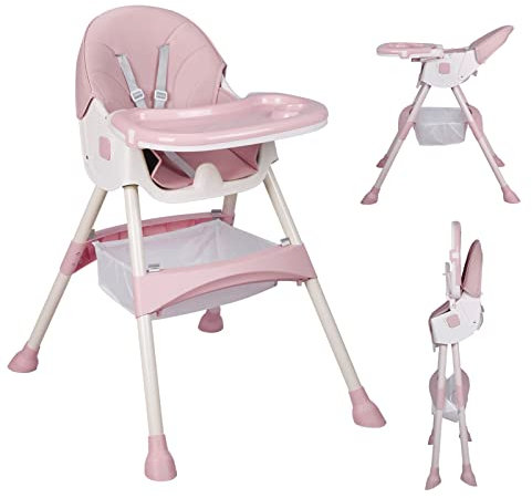 Chaise Haute Bébé Évolutive, pour Enfants de 6 Mois, Chaise Haute Pliable Réglable, avec Grand Plateau Réglable et Amovible, Jusqu'à 15 kg, Nettoyage Facile(rose)