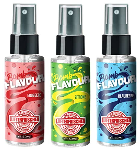ShinyChiefs FLAVOUR BOMB Set - Autoduft-Set mit Erdbeere, Zitrone & Blaubeere-Geruch - Lufterfrischer und Auto Parfüm für den Innenraum, neutralisiert Gerüche im Auto, Pumpsprühflasche, 3x 50ml